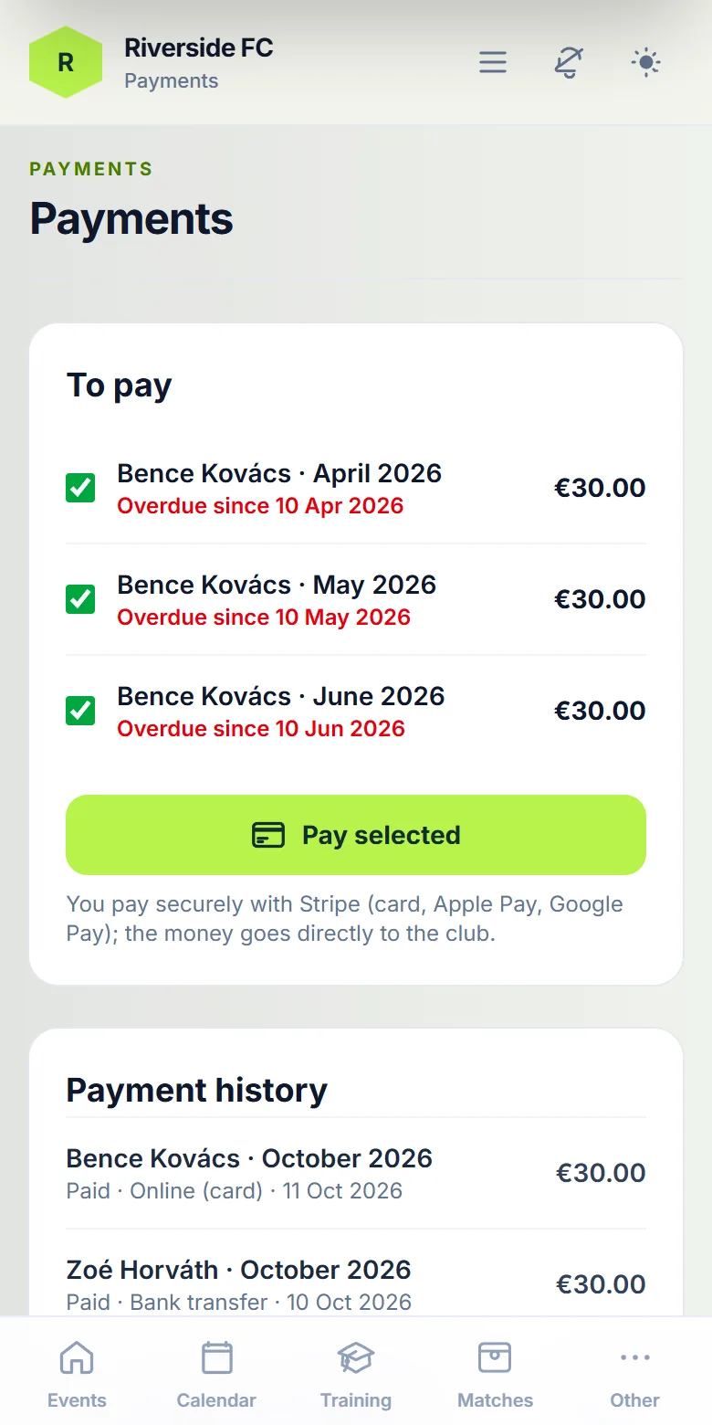 A parent’s payments page with open monthly fees